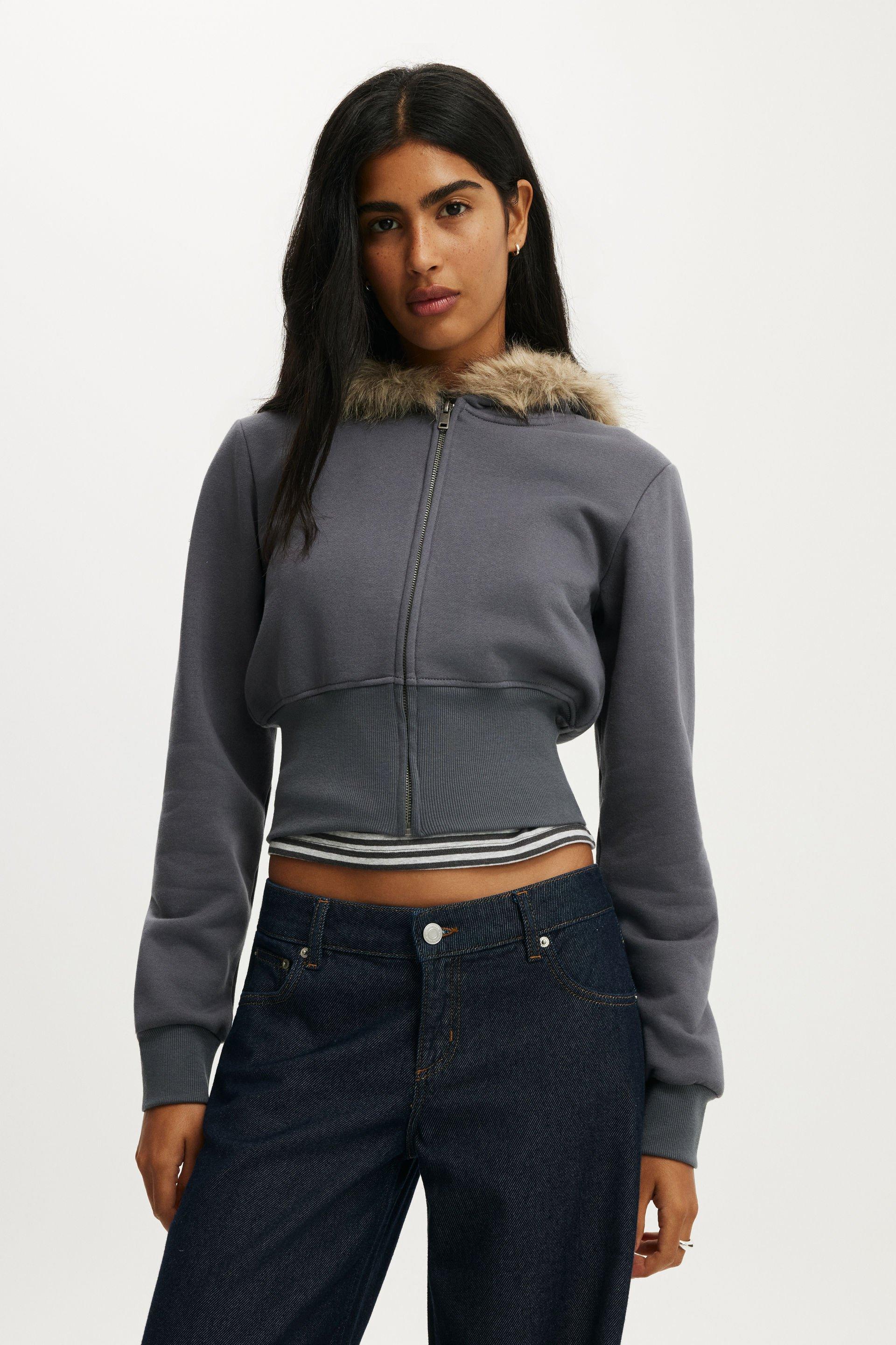 Corset band zip through hoodie - moonlight shadow/faux fur