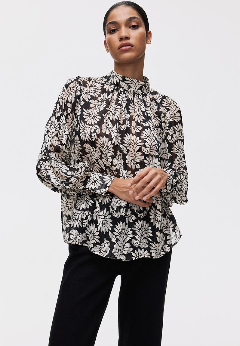 Stand-collar blouse - black/patterned - 1292620007