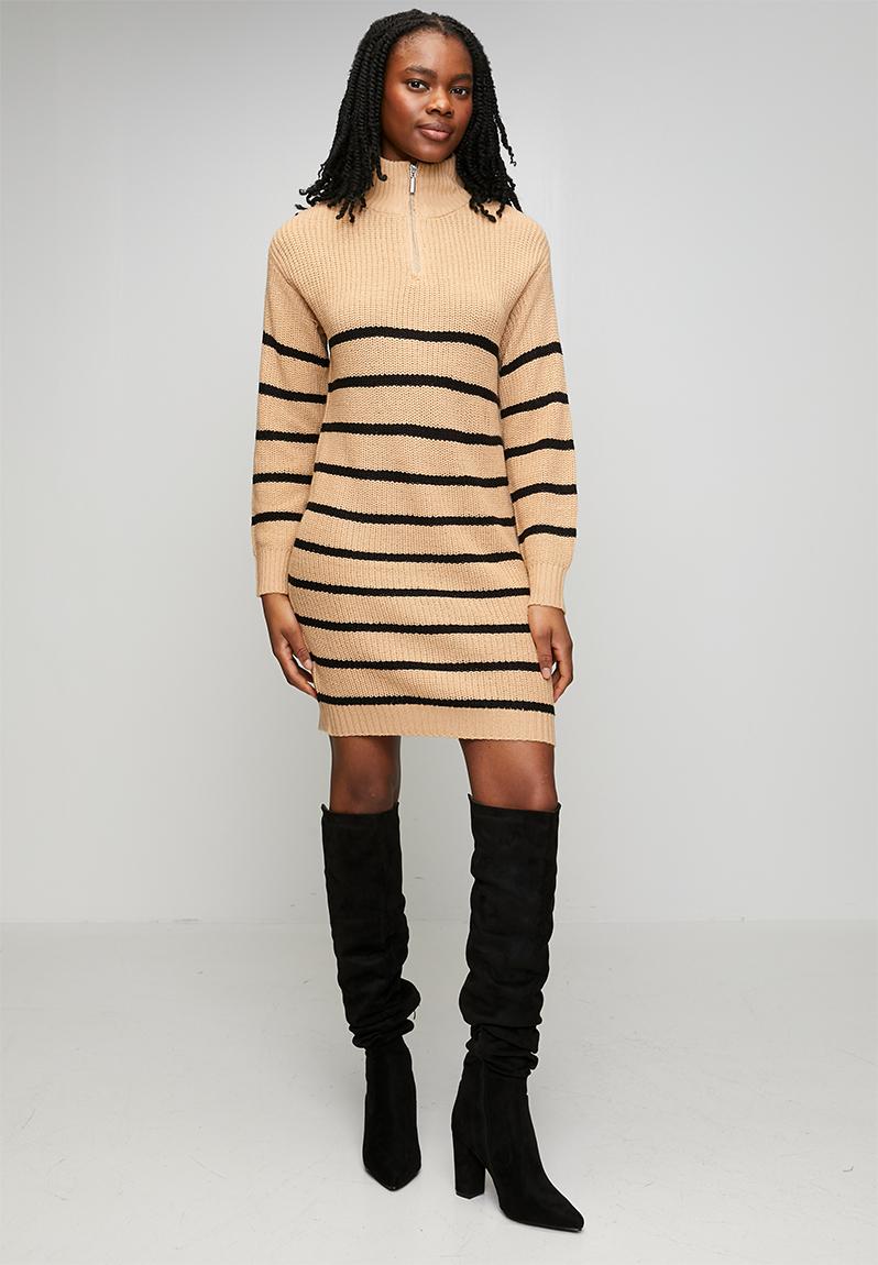 Half Zip Neck Dress With Stripe - Biscuit/Black