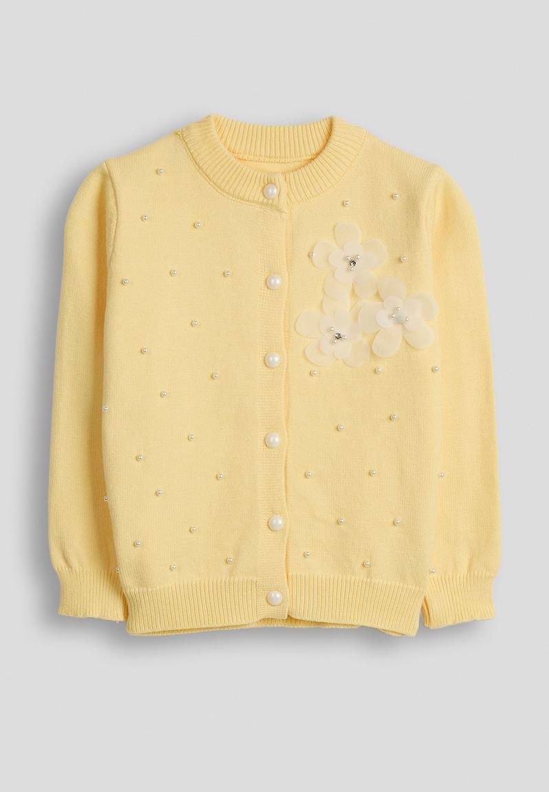 Pearl and flower embellished cardigan - yellow