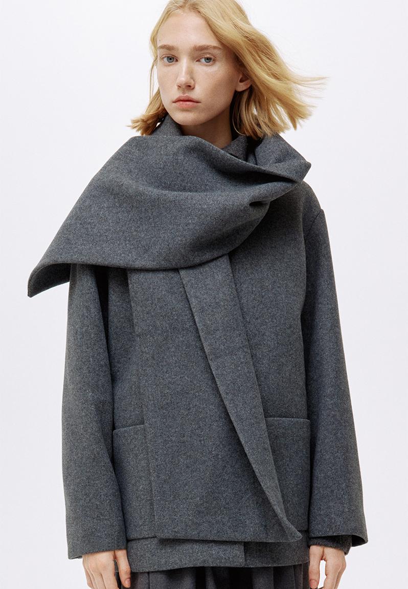 Scarf-detail coat- dark grey - 1302220003
