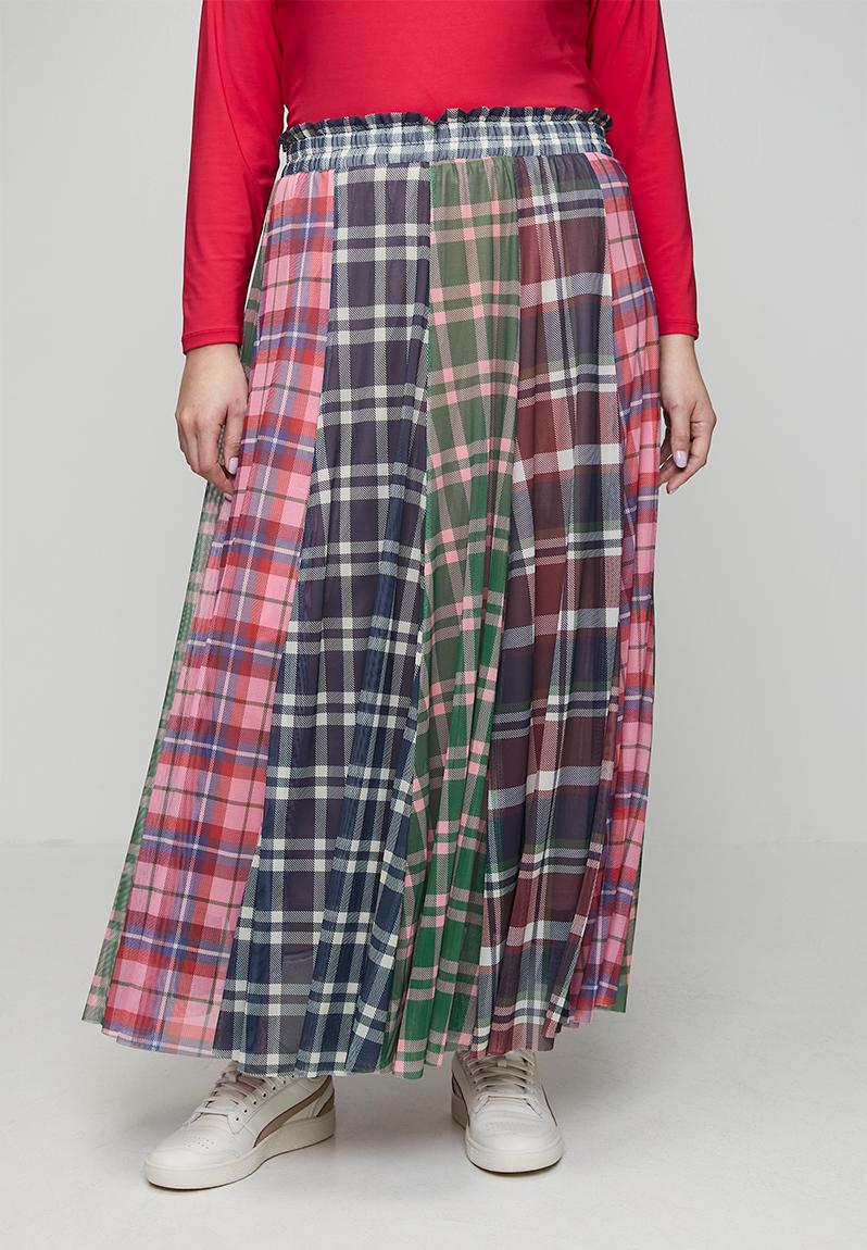 Plus Panelled Lined Mesh Check Skirt - Multi