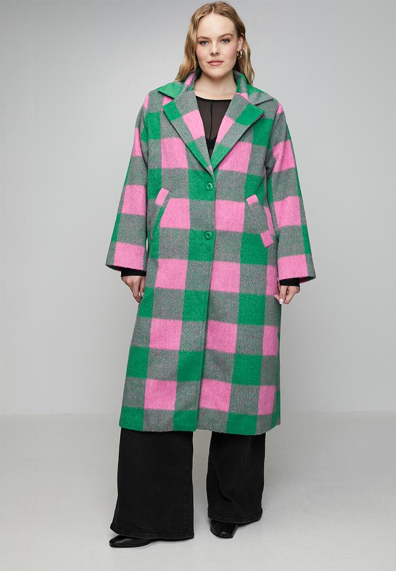 Plus Melton Coat Check - Pink/Green