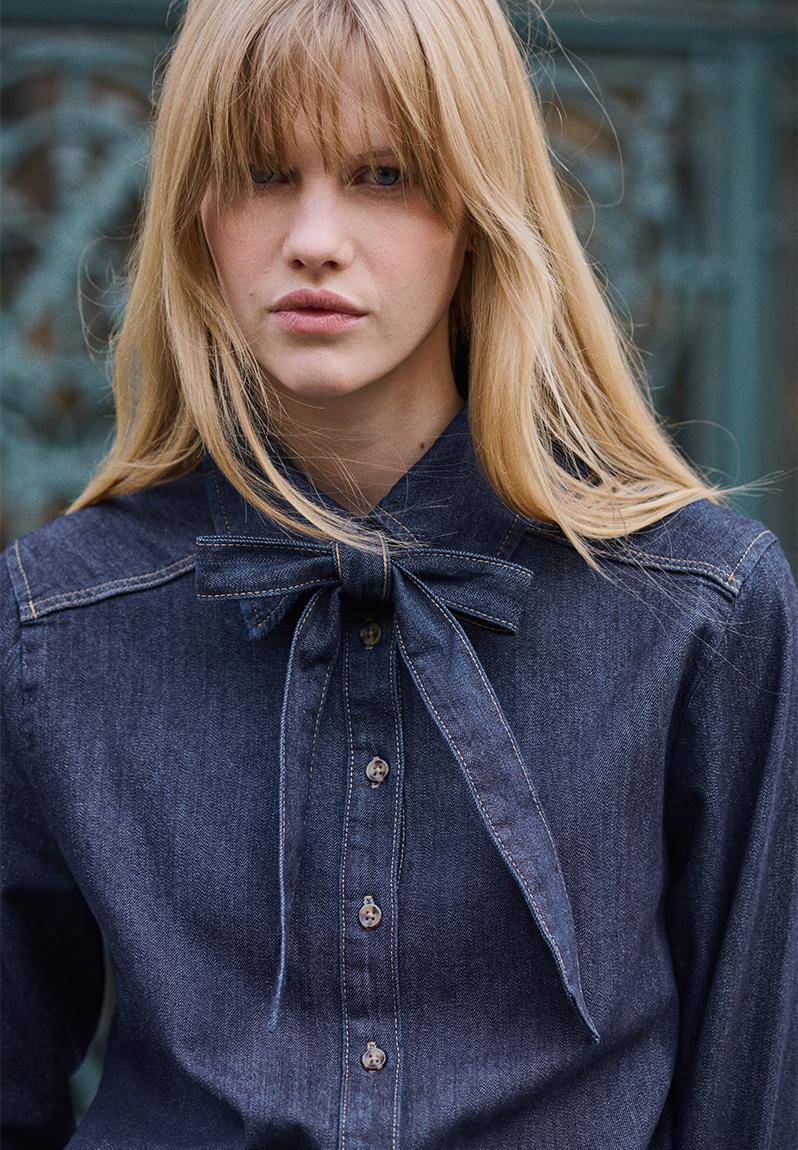 Bow-detail denim blouse - dark denim blue - 1304413002