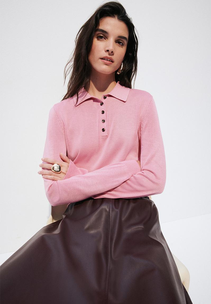 トップス Pedestal polo Fine-knit polo shirt - pink - 1335823003