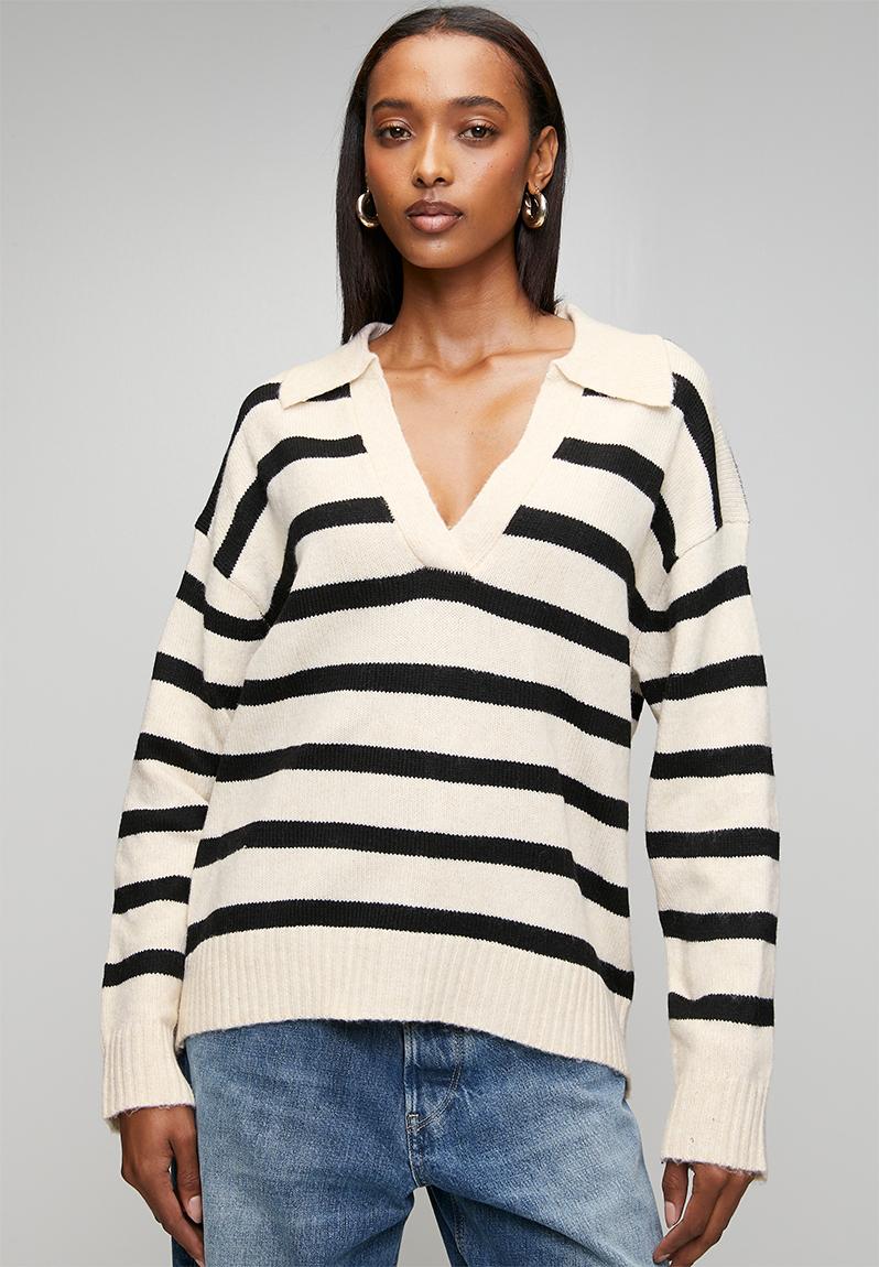 V Neck Stripe Jumper With Collar - Oatmeal/ Black Stripe
