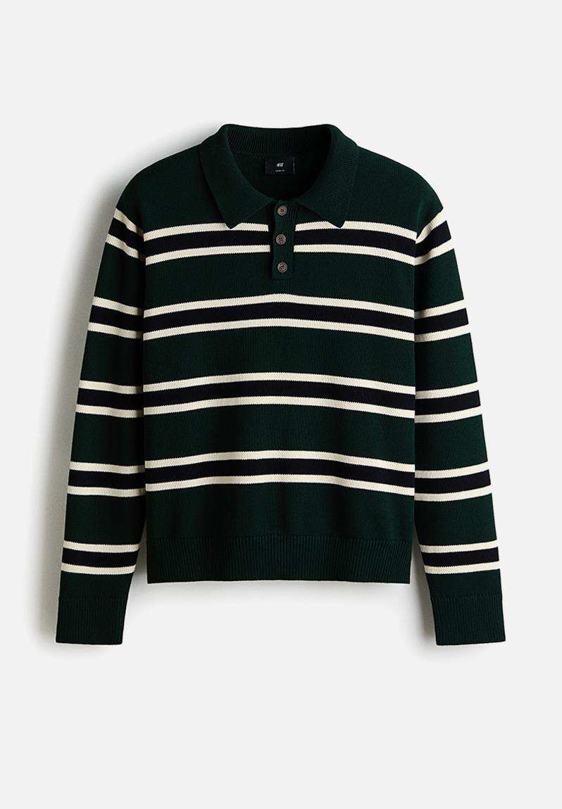 Loose fit knitted polo shirt - dark green/striped - 1307281002