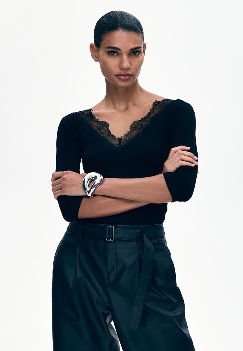 Lace-trimmed rib-knit top - black - 1335037001