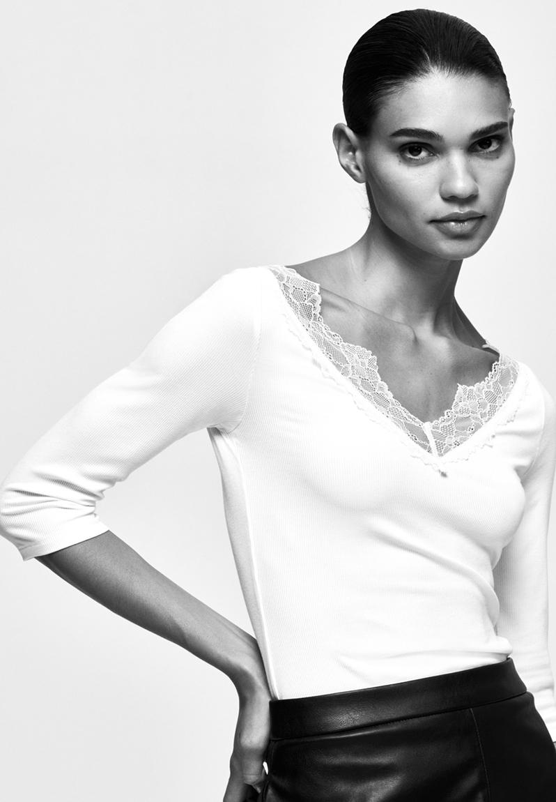 Lace-trimmed rib-knit top - cream - 1335037002