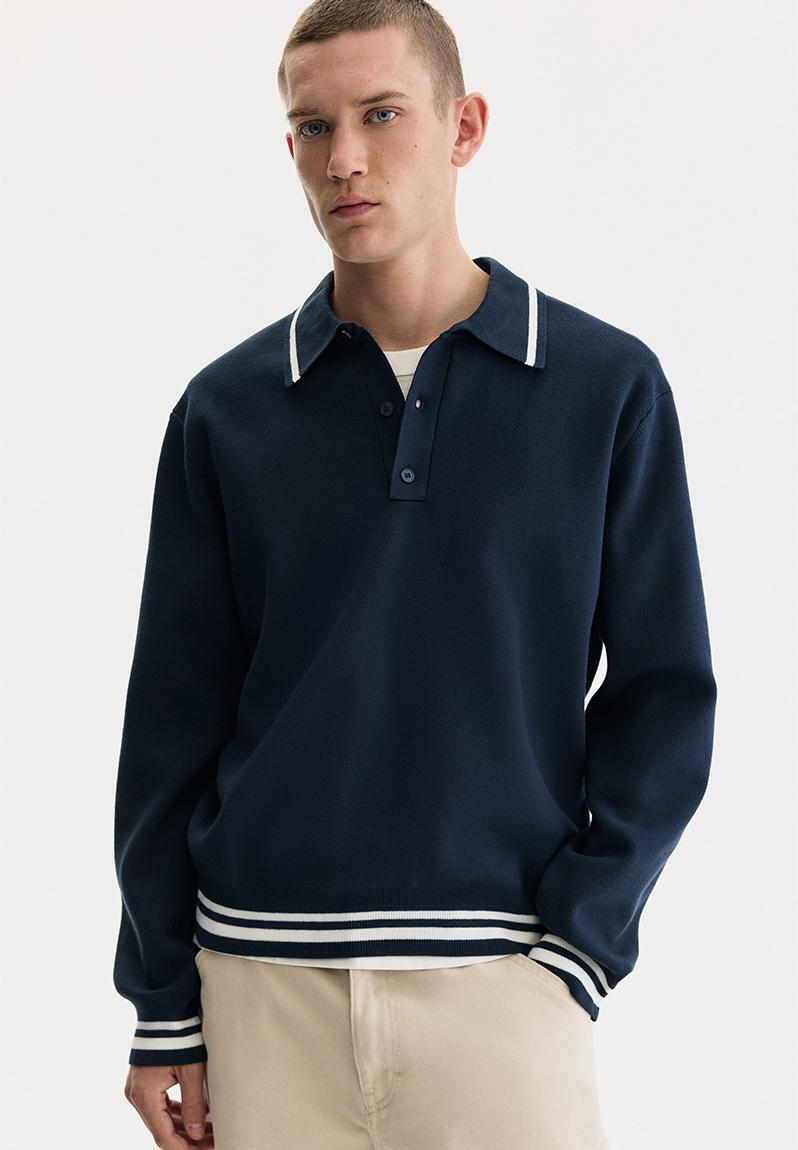 Loose fit fine-knit polo shirt - navy blue - 1306926002