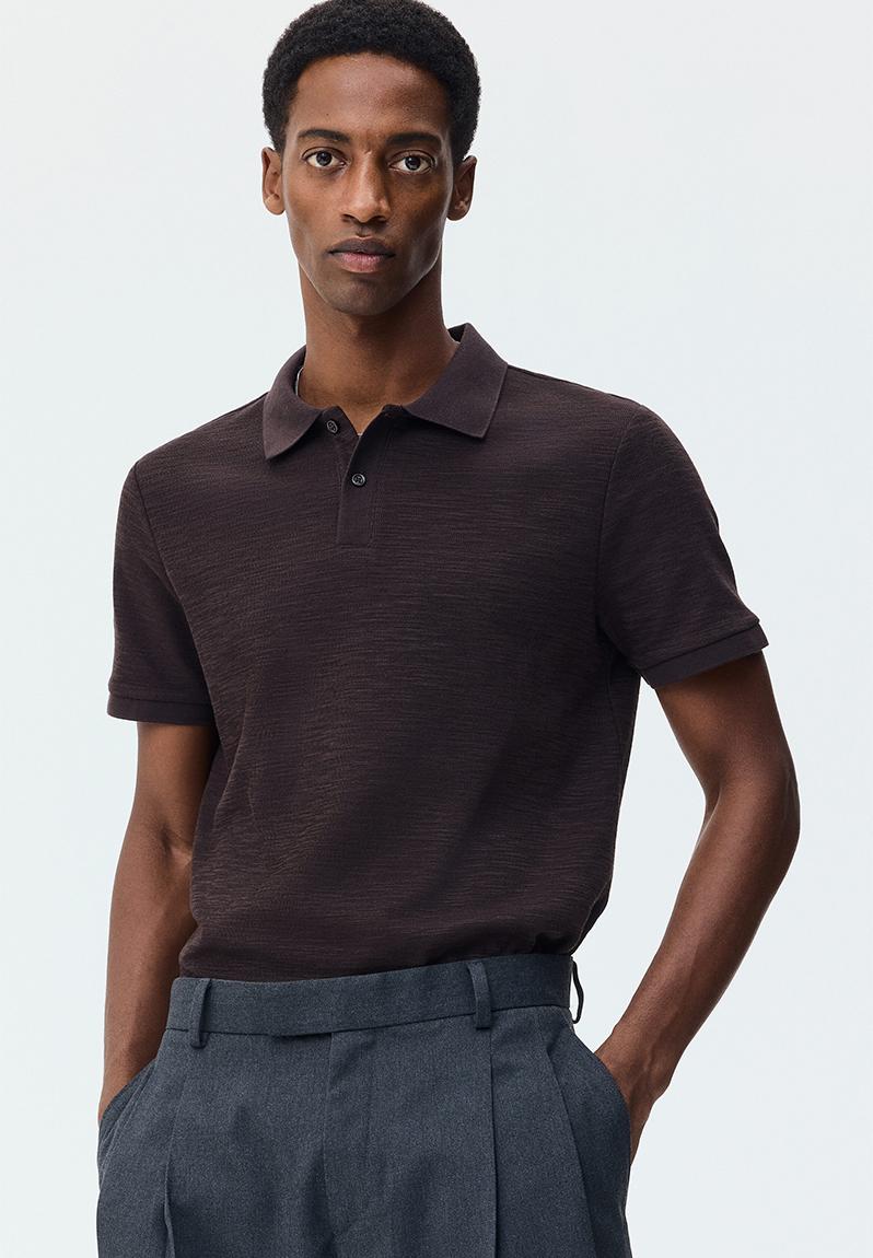 Slim fit jacquard-knit polo shirt - dark brown - 1313926003