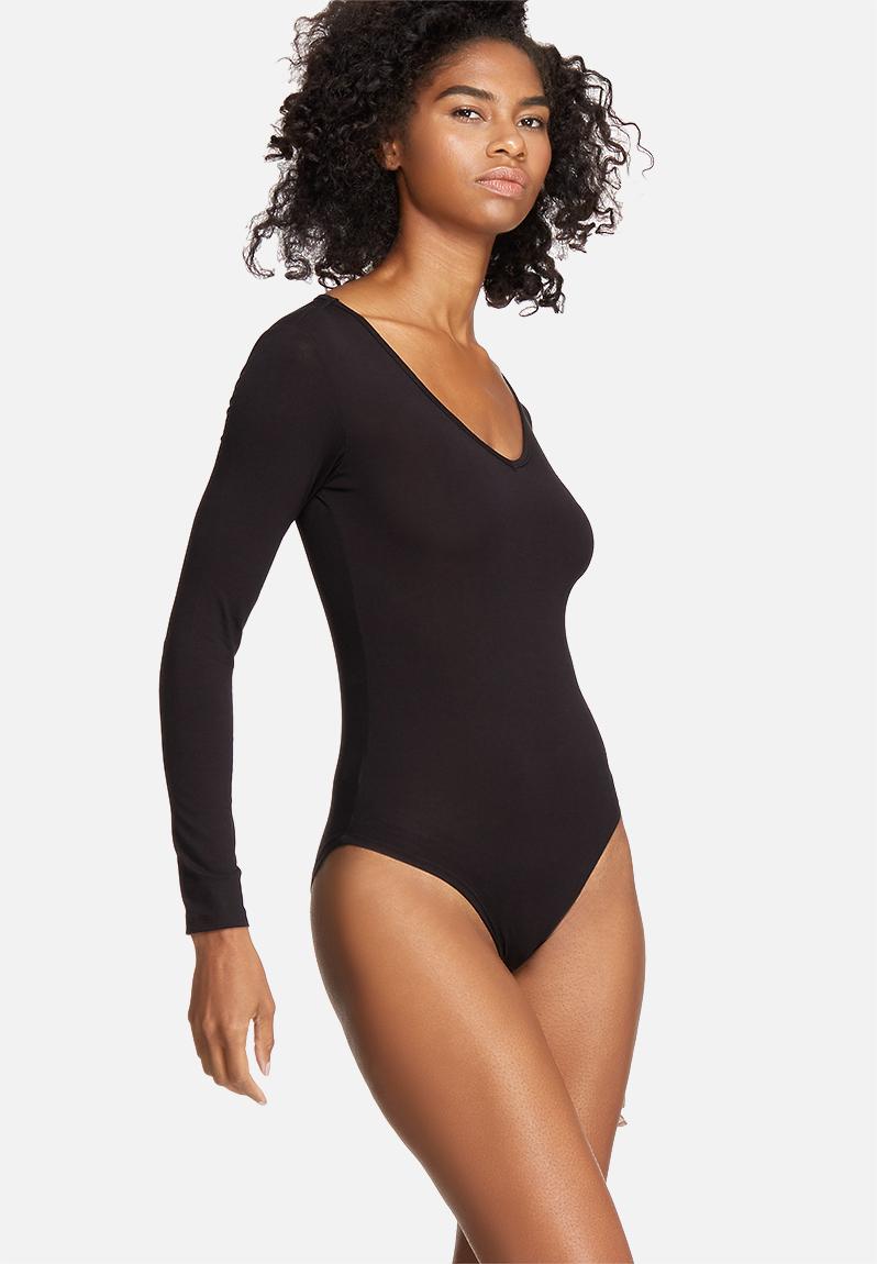 black jersey v neck long sleeve thong bodysuit