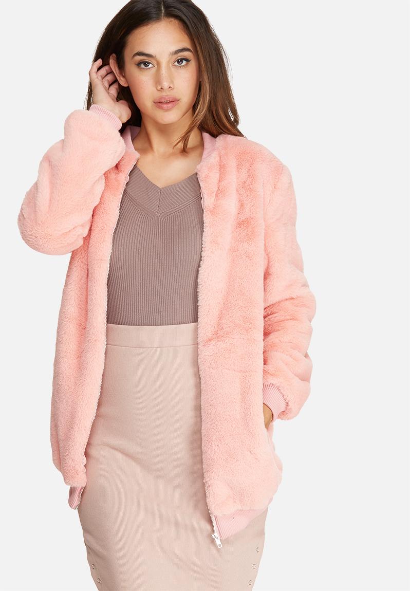 Longline faux fur bomber jacket - pink Missguided Jackets | Superbalist.com