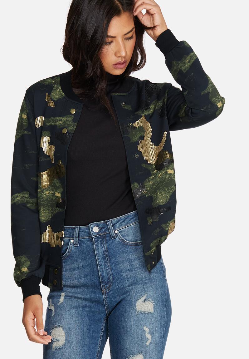 Sequin camo bomber jacket - khaki Missguided Jackets | Superbalist.com