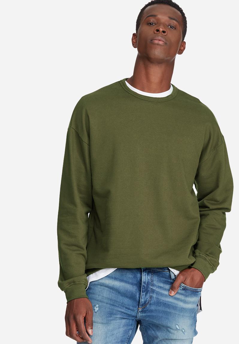 Oversized drop shoulder pullover crew sweat - olive green basicthread ...