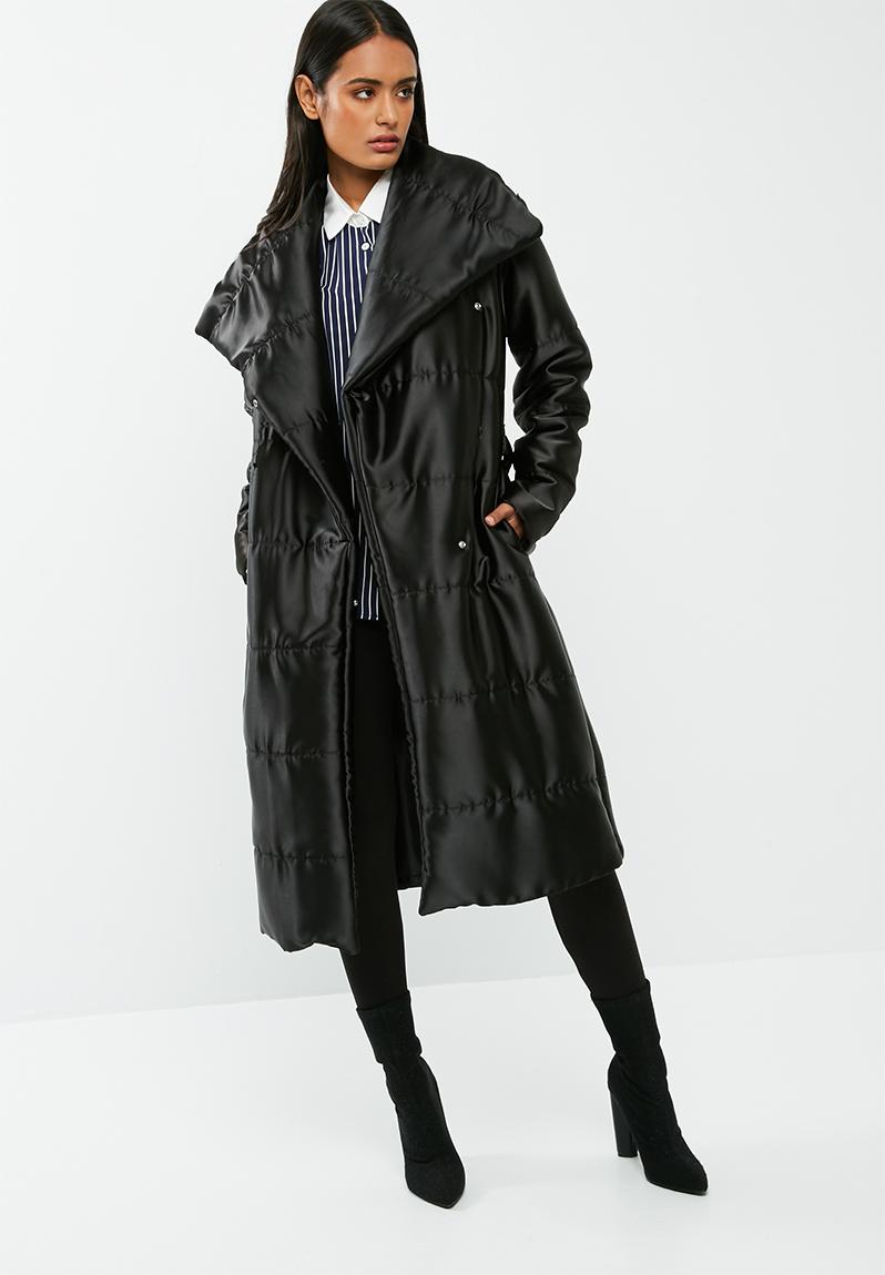 Longer length belted padded coat - satin black dailyfriday Coats ...