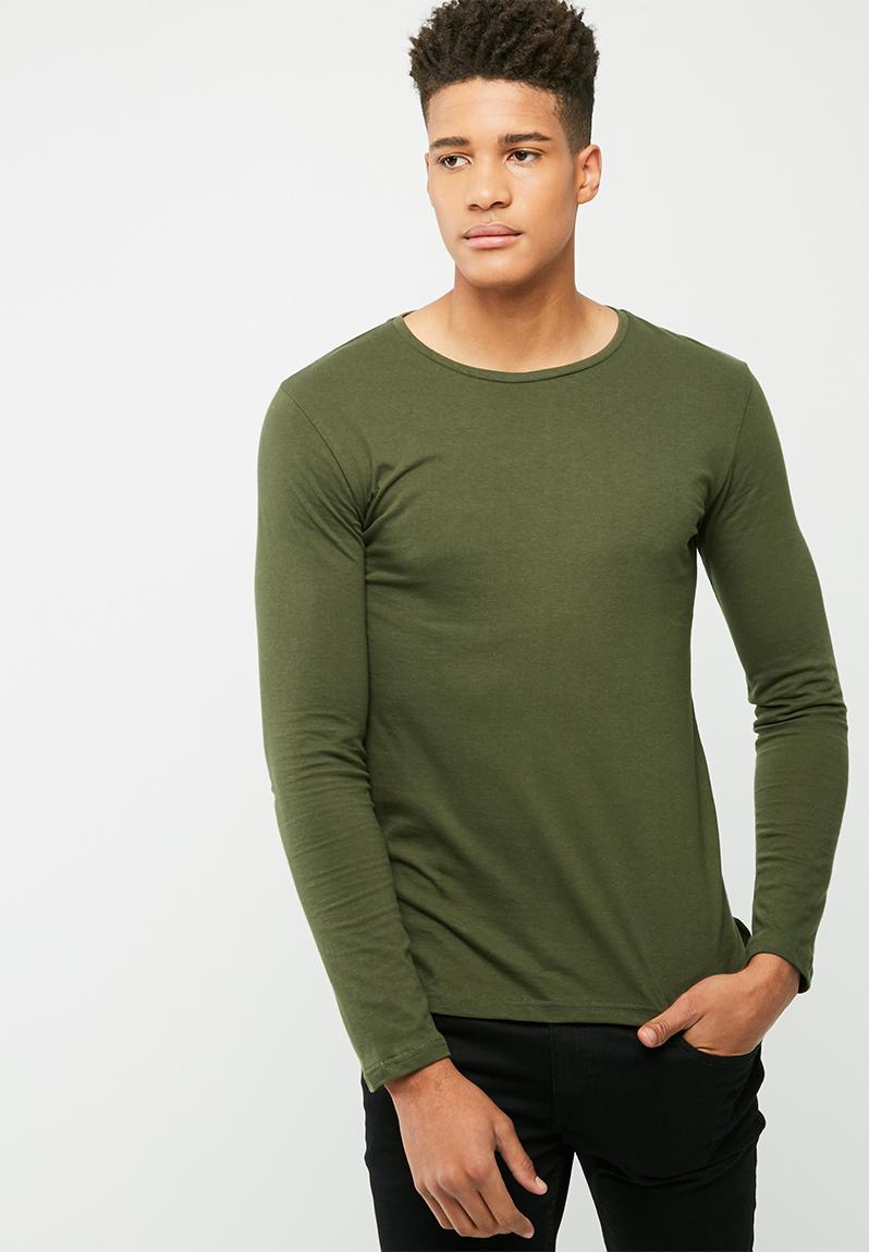 Plain long sleeve tail crew neck tee- olive green basicthread T-Shirts ...