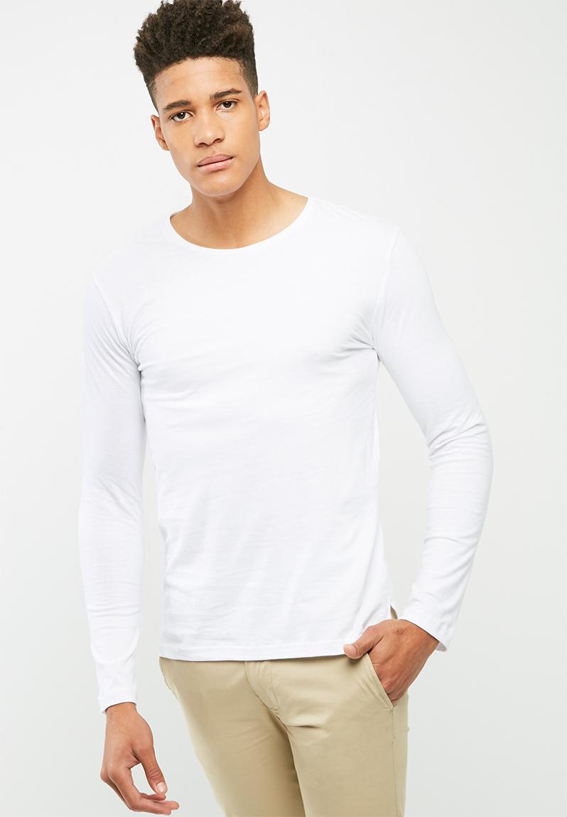 Plain long sleeve tail crew neck tee- white basicthread T-Shirts ...