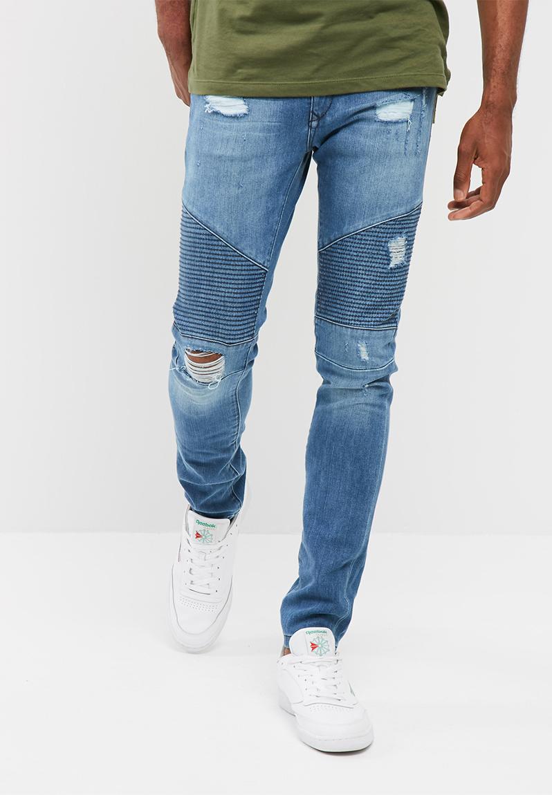 Skinny fit biker - blue denim /abrasions basicthread Jeans ...