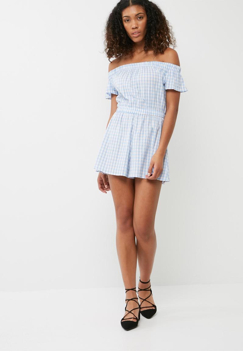 Gingham off shoulder playsuit light blue and white dailyfriday