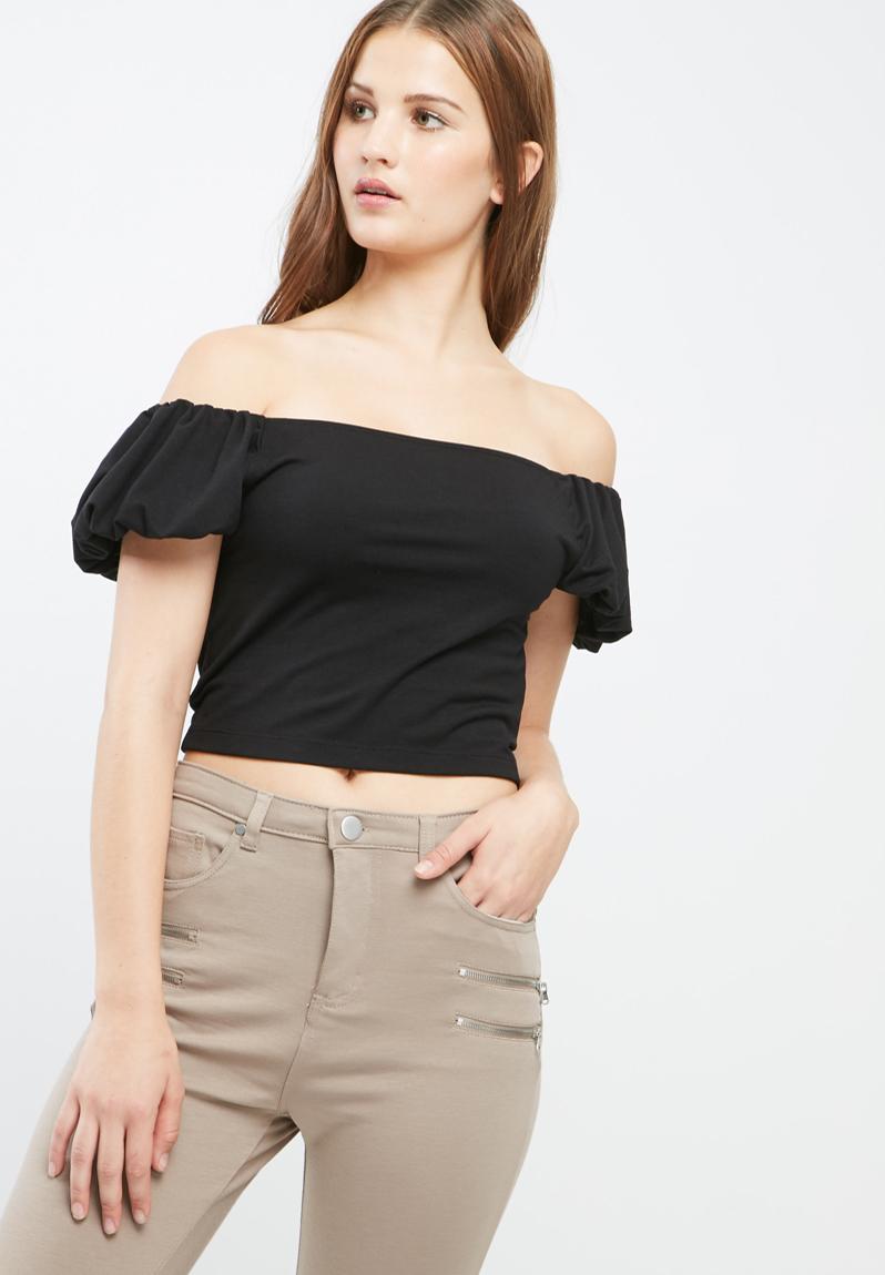 Puffball sleeve bardot top - black Missguided T-Shirts, Vests & Camis ...