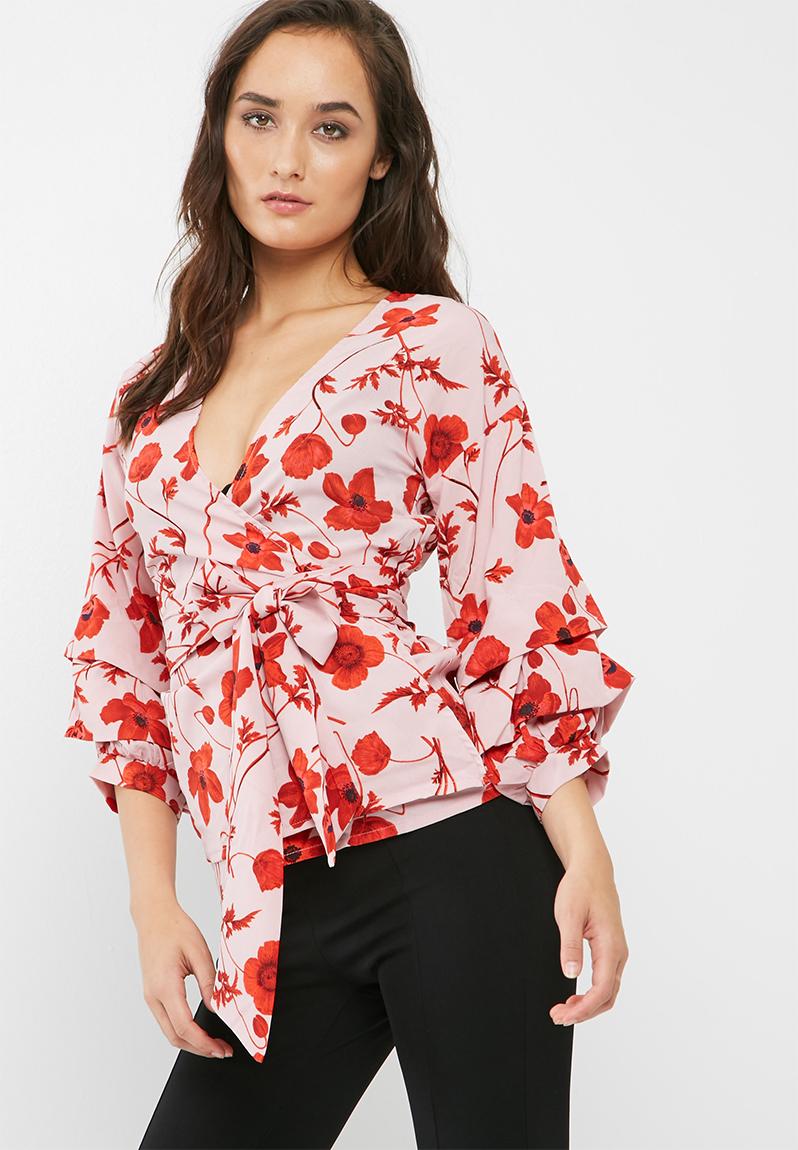 Poppy print wrap tie blouse - pink Missguided Blouses | Superbalist.com
