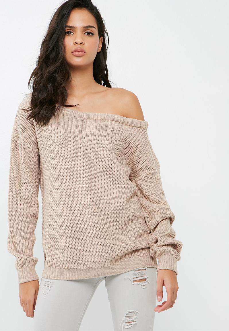 Off shoulder knitted jumper beige Missguided Knitwear