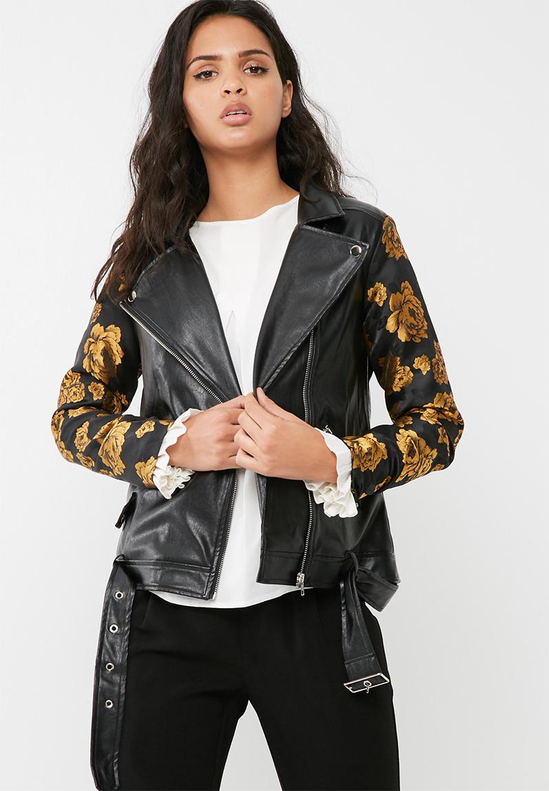 Faux leather biker jacket with floral jacquard sleeves - black ...