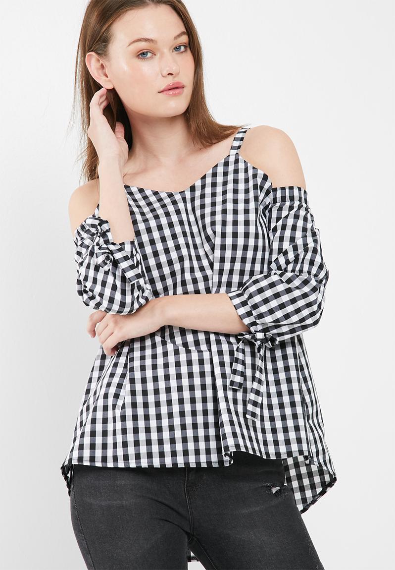 Cold shoulder poplin blouse - black and white gingham dailyfriday ...