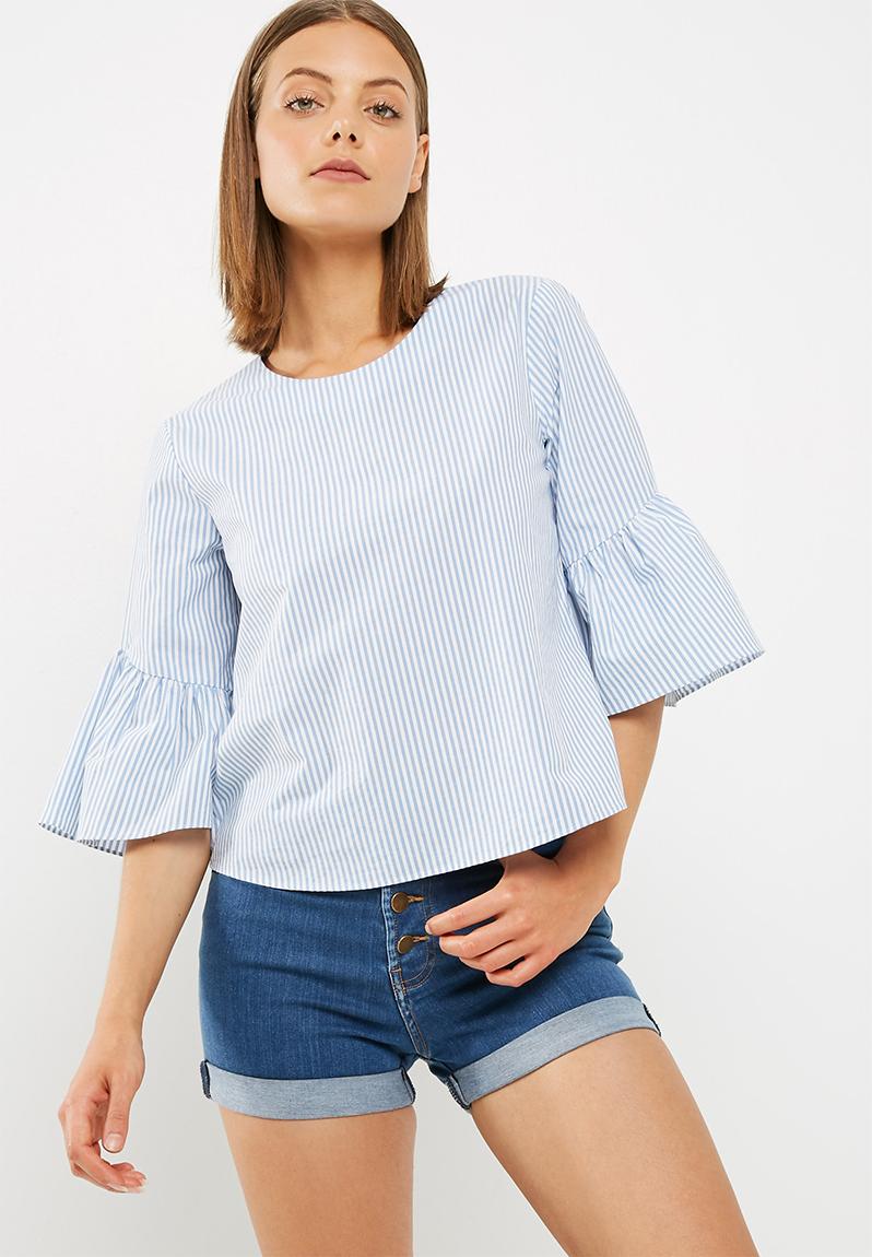 Trumpet sleeve shell top - blue / white stripe dailyfriday Blouses ...