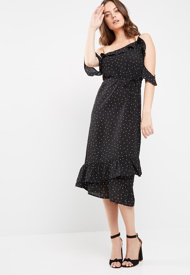 Indibelle Cotton Polka Dot Print Flared Midi Dress (Black)