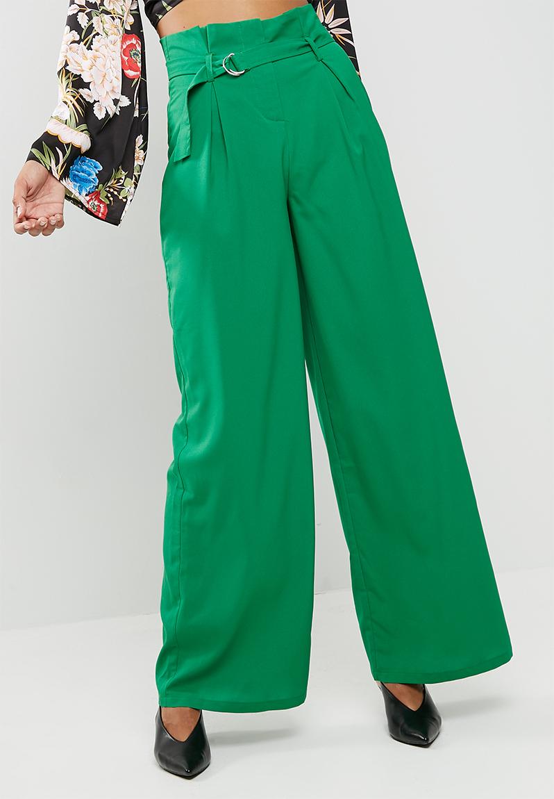 green paper bag trousers