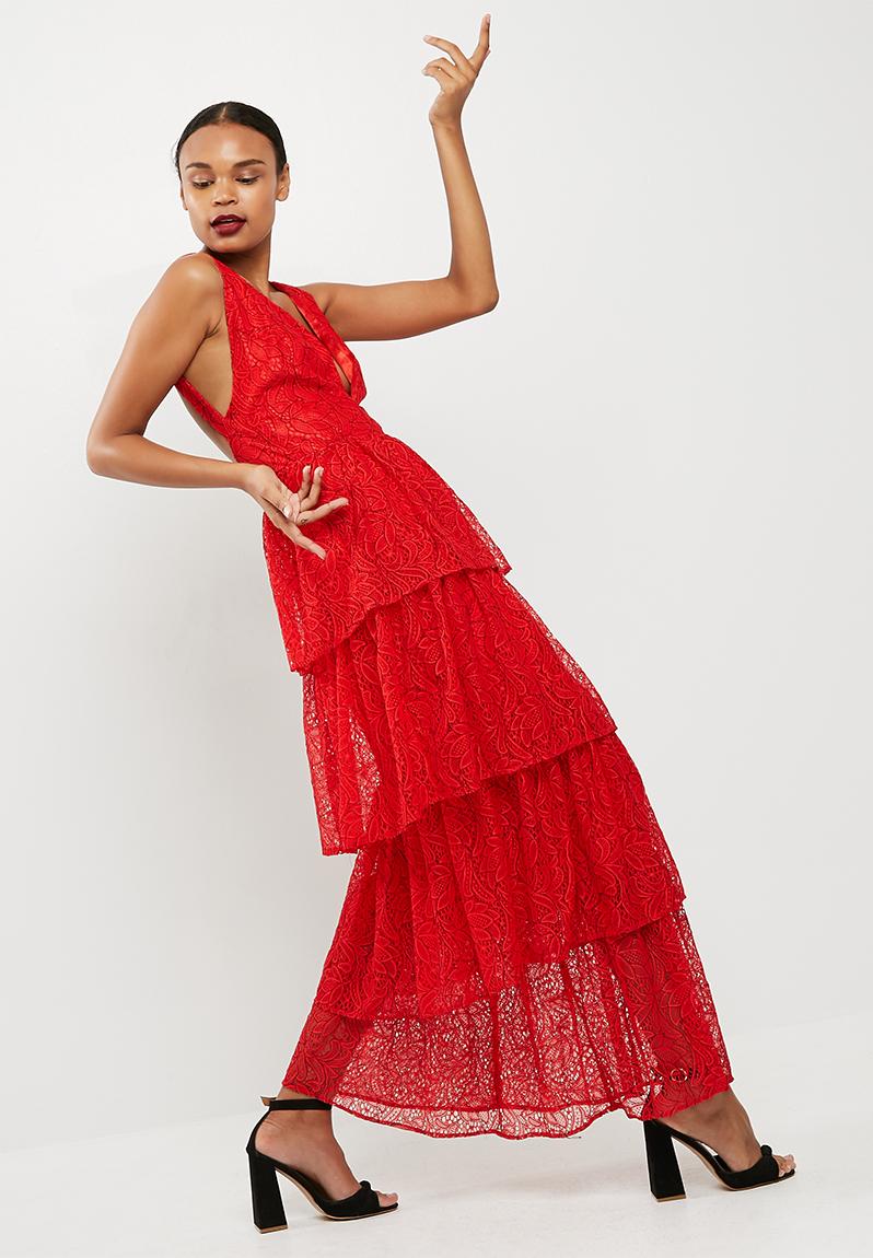 Lace tiered frill maxi dress - red Missguided Occasion | Superbalist.com