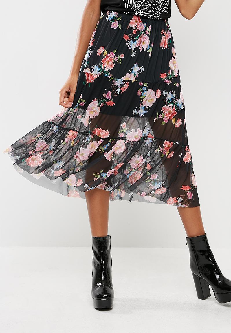 Floral mesh frill hem midi skirt - Black Missguided Skirts ...