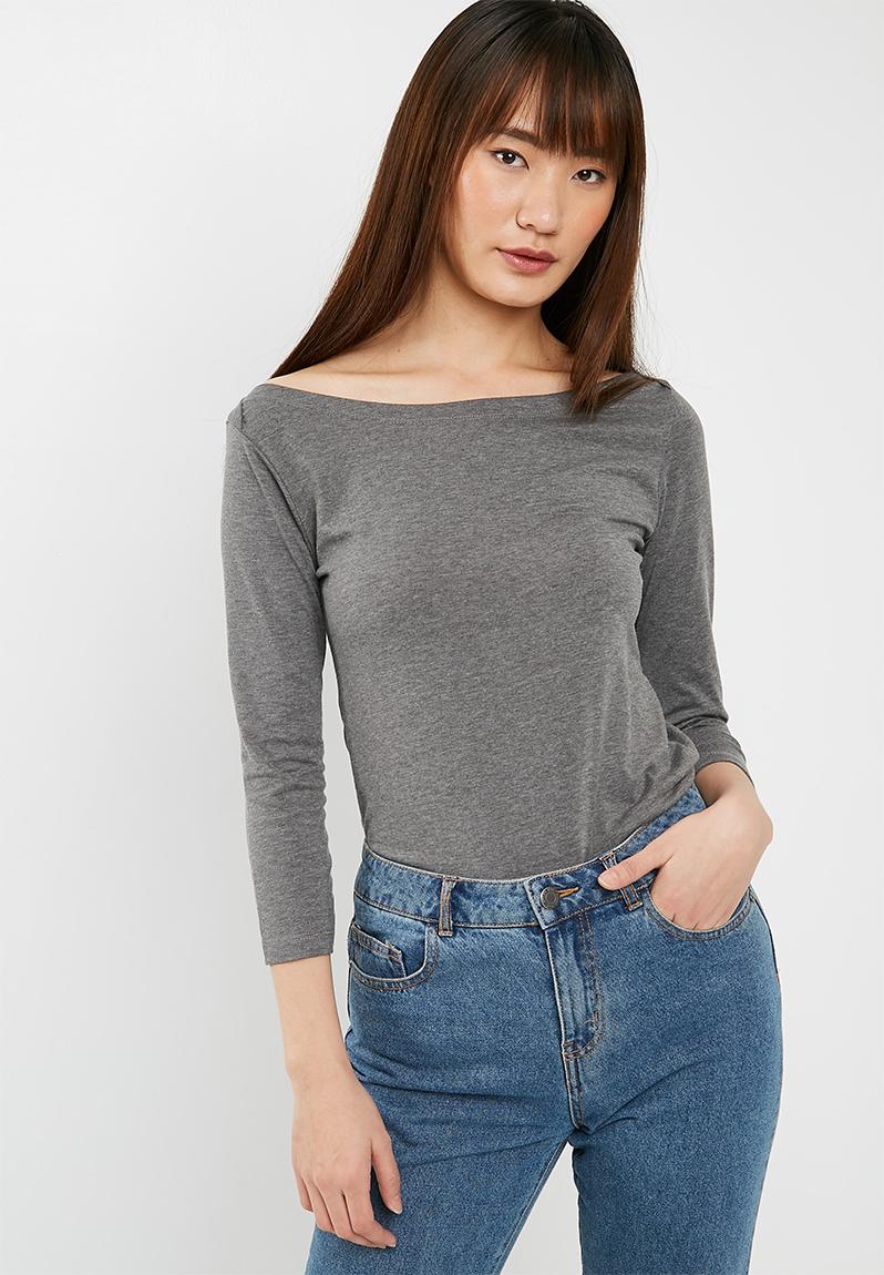 Everyday 3 4 Sleeve Boat Neck Top Charcoal Marle Cotton On T Shirts