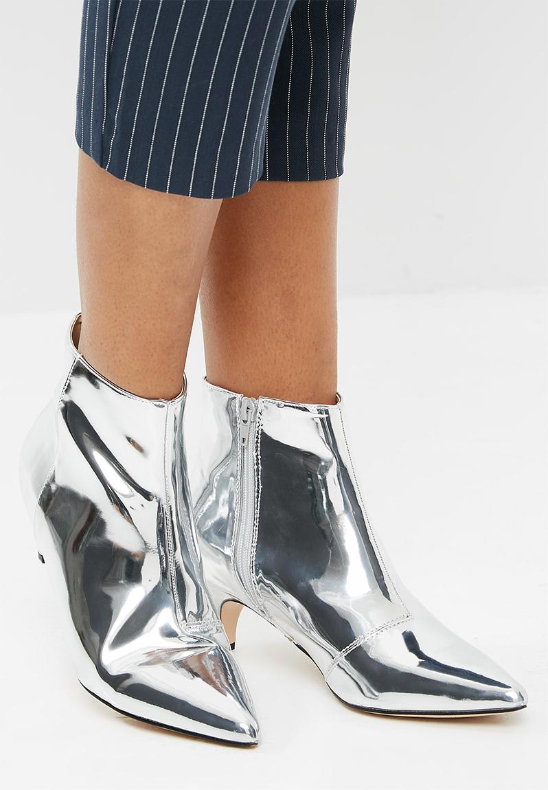 Atomic pointed toe kitten boot - Silver mirror Public Desire Boots ...