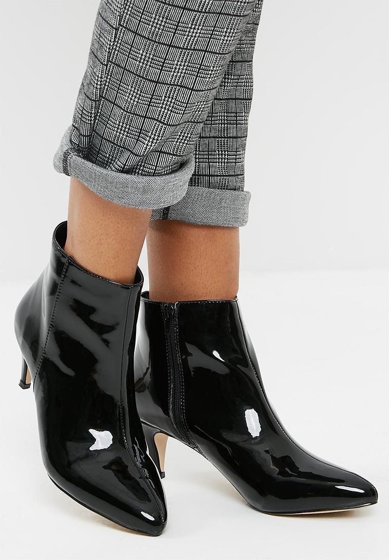 Atomic pointed toe kitten boot - Black patent Public Desire Boots ...