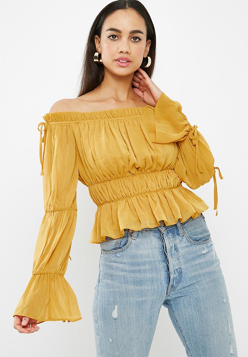 Gathered bardot shirred waist top mustard Missguided Blouses