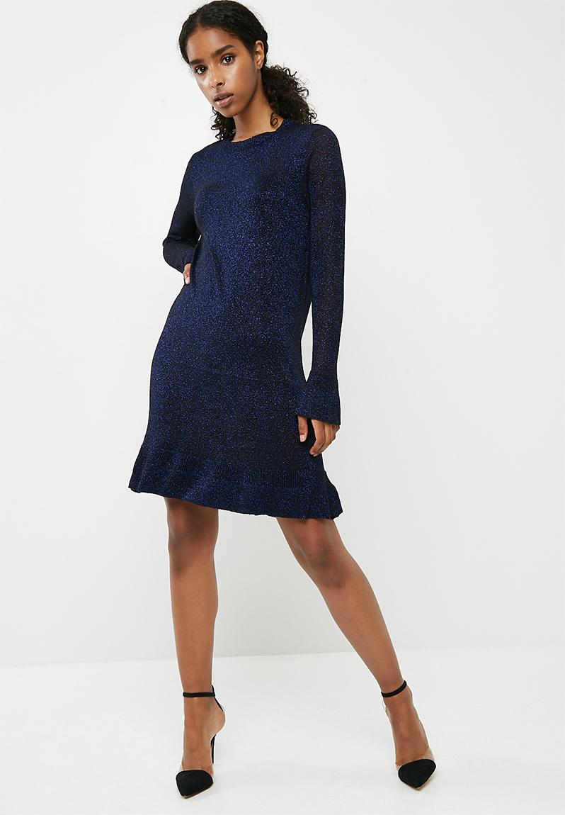 Kamilla long sleeve knit dress - black & blue glitter ONLY Occasion ...