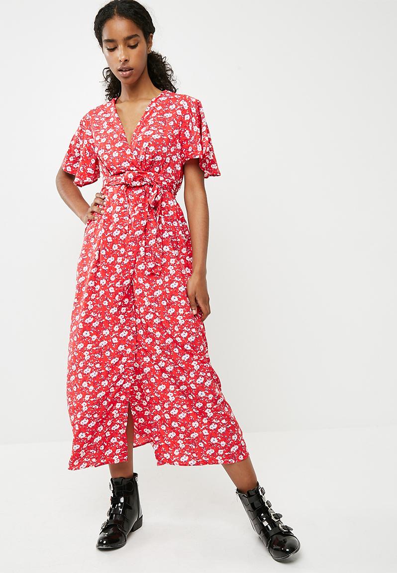 Molly poly floral short sleeve wrap midi dress - red Vero Moda Casual ...