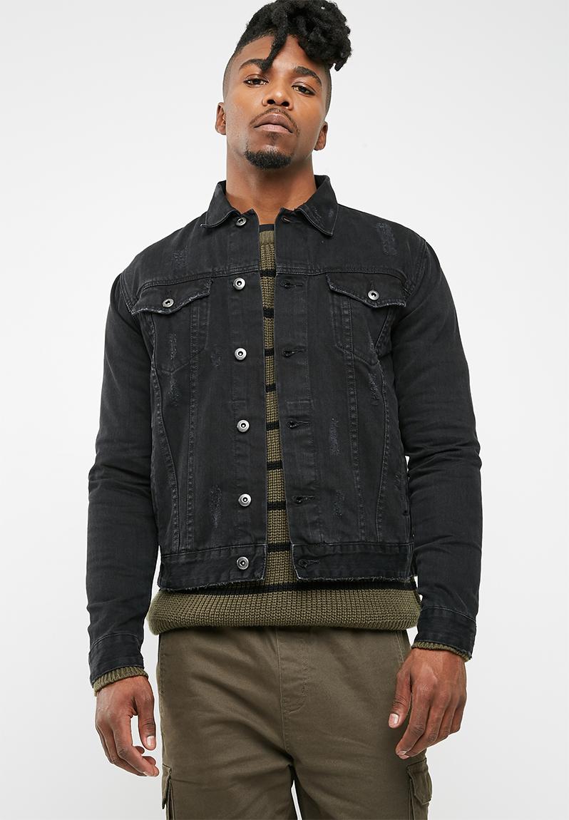Fashion denim trucker jacket- Black rinse with rip basicthread Jackets