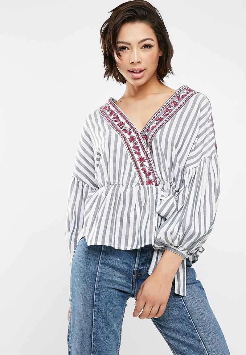 Jacob striped embroidered wrap top - blue print New Look Blouses ...