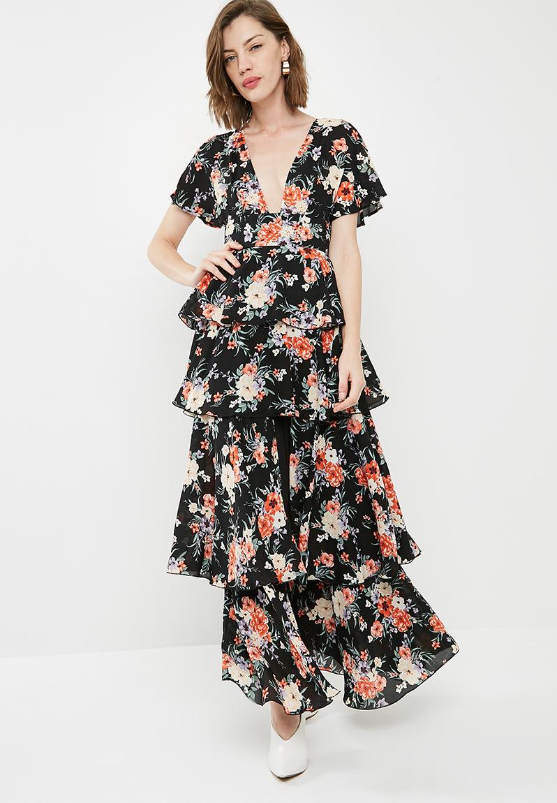 Floral plunge neck tiered frill maxi dress - black Missguided Occasion ...
