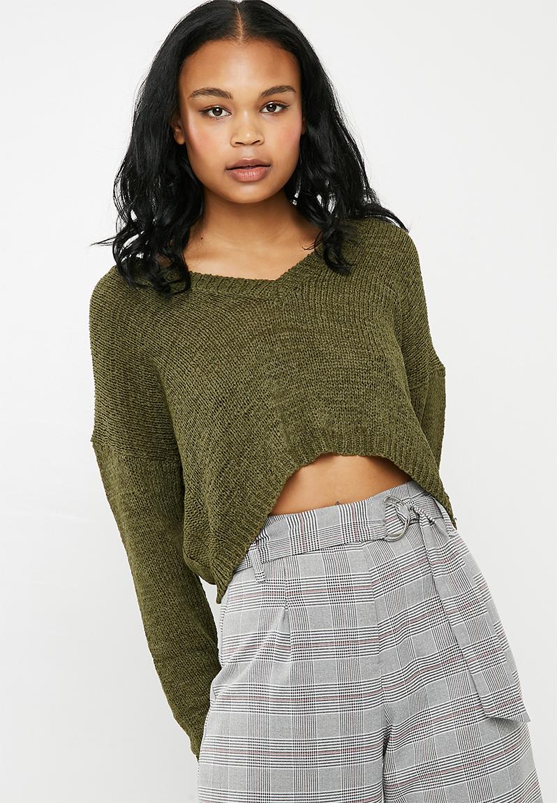 V front plunge crop jumper - khaki Missguided Knitwear | Superbalist.com