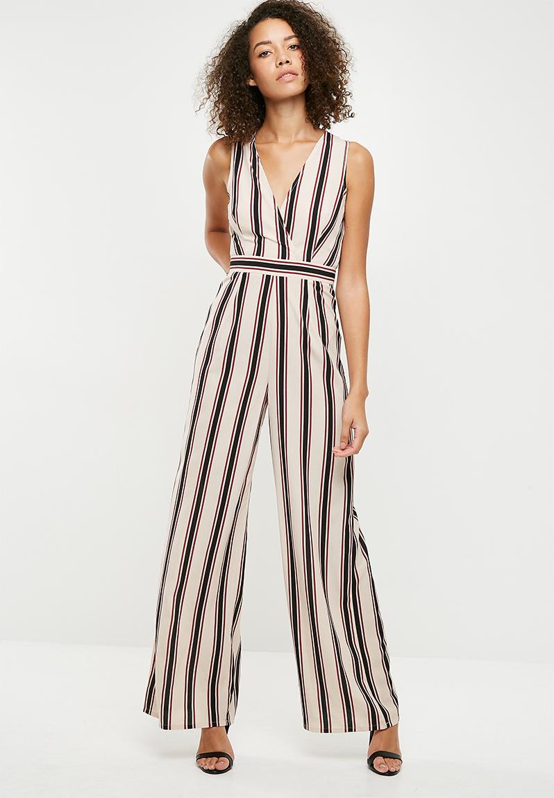 Stripe wrap front sleeveless jumpsuit - cream Missguided Jumpsuits ...