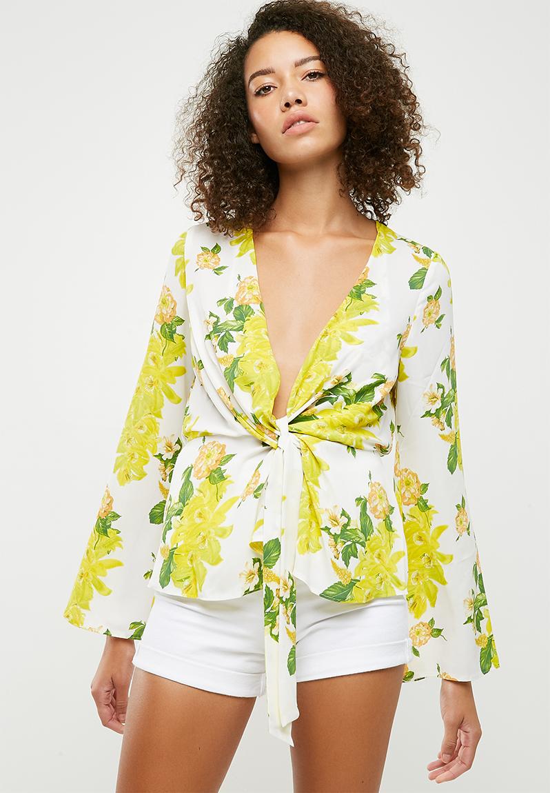 Floral drape front plunge blouse - white Missguided Blouses ...