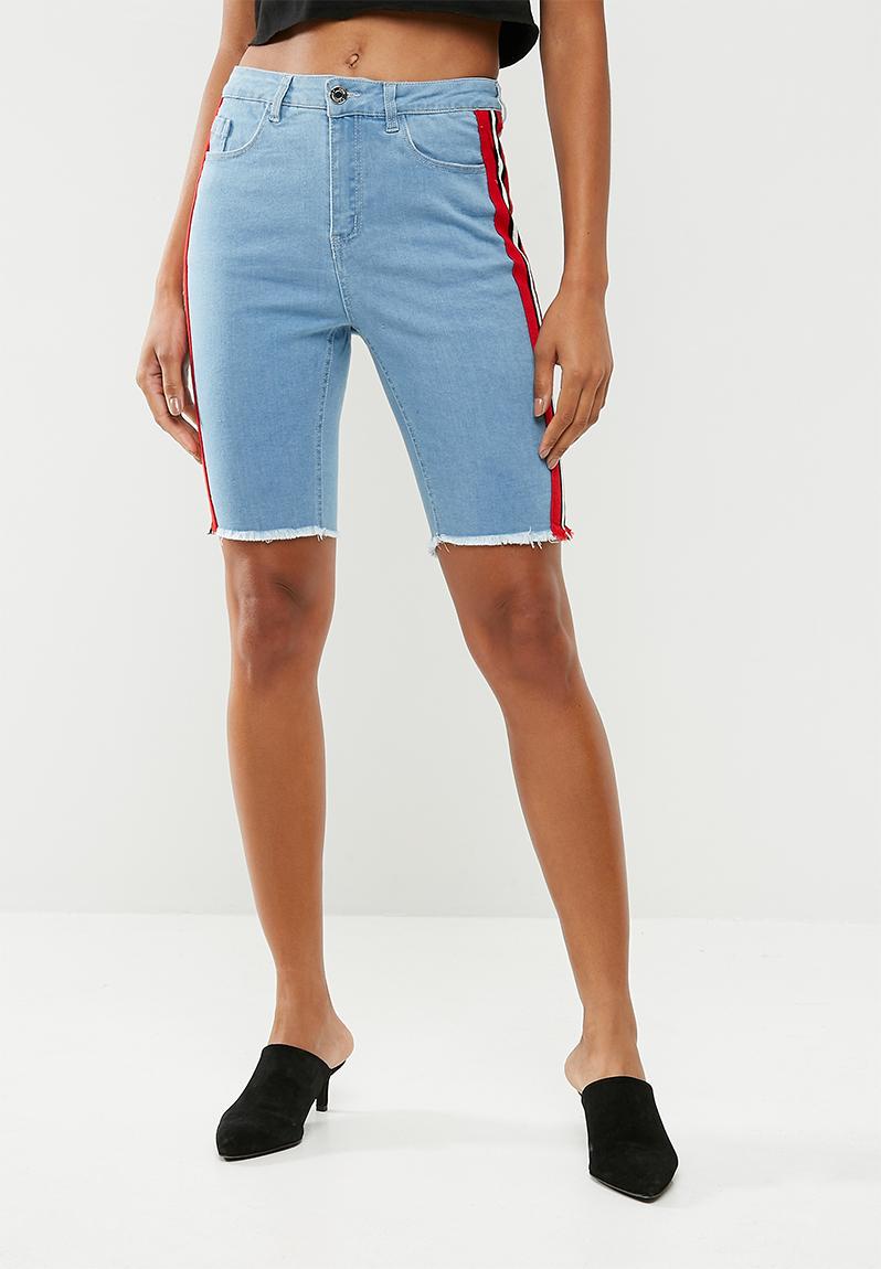 Denim Sport Stripe Length Shorts Blue Missguided Shorts