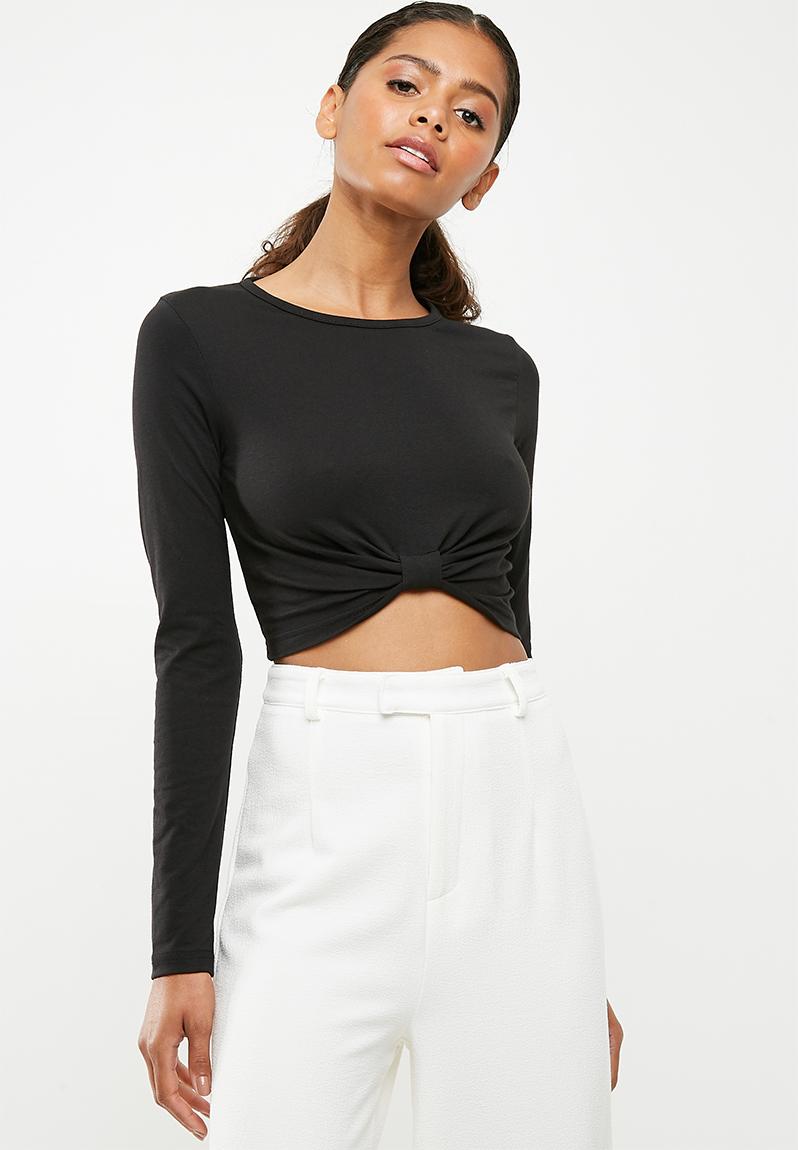 Long sleeve knot crop - black Missguided T-Shirts, Vests & Camis ...