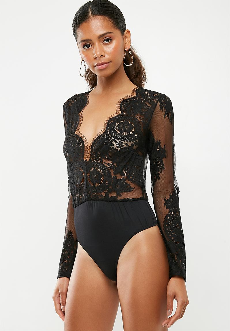Long Sleeve Lace Plunge Bodysuit Black Missguided T Shirts Vests And Camis