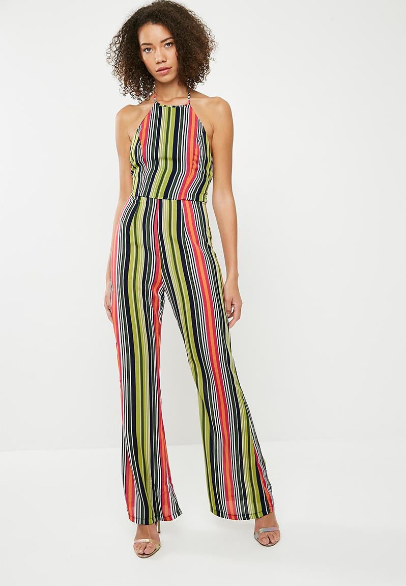 Bright stripe 90s neck flared jumpsuits - green Missguided Jumpsuits ...